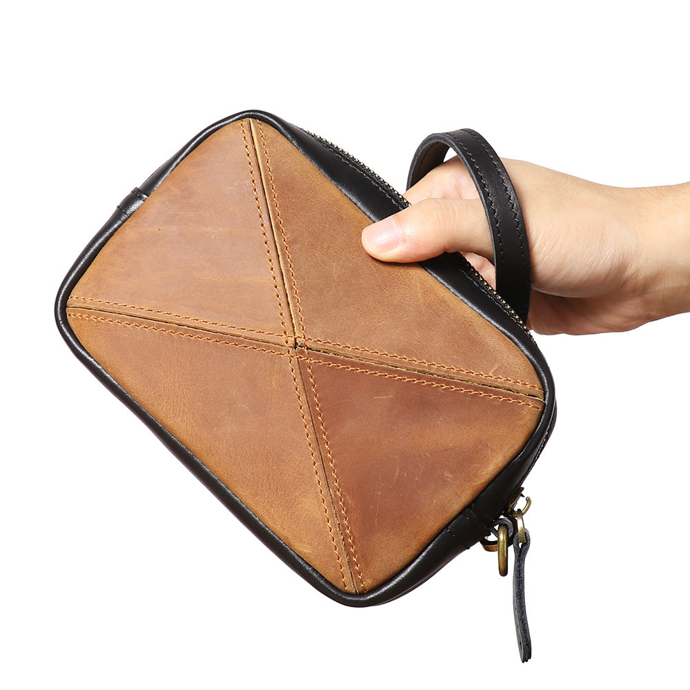 Unisex Retro Artistic Stitching Craft Personalized Leather Messenger All-match Mobile Multi-layer Zipper Square Bag