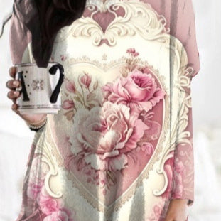 Picasso-style Casual Mid-length Loose-fitting Womens Dress With A Crew Neck
