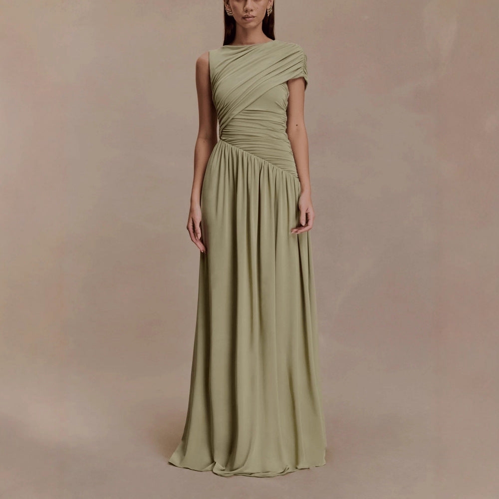 Elegant Solid-Color Pleated Asymmetrical-Neck Bodycon Dress