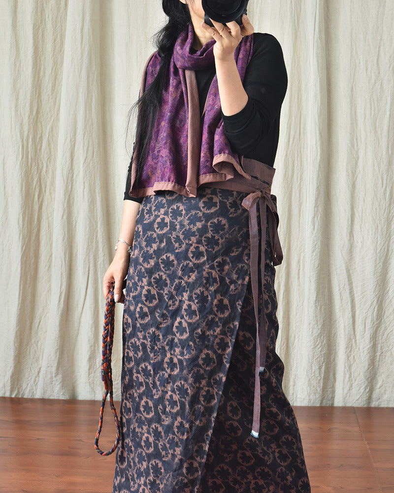 Retro High Waist Printing Crafts Linen Wrap Tie-shoulder Floral Skirt
