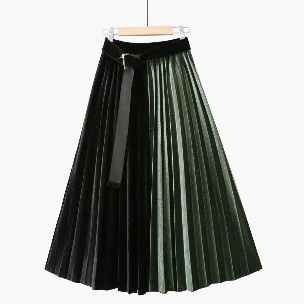 Height Belt Pleuche Patchwork Contrast Color Retro Slimming Skirt