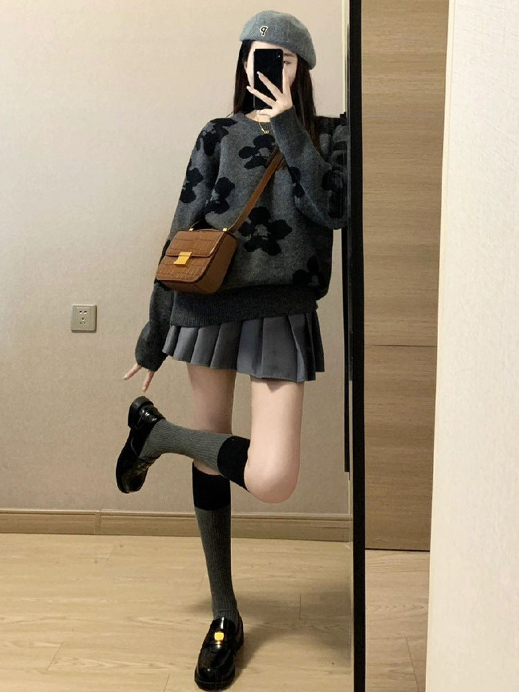 Idle Style Soft Glutinous Suit Flower Long Sleeve Sweater