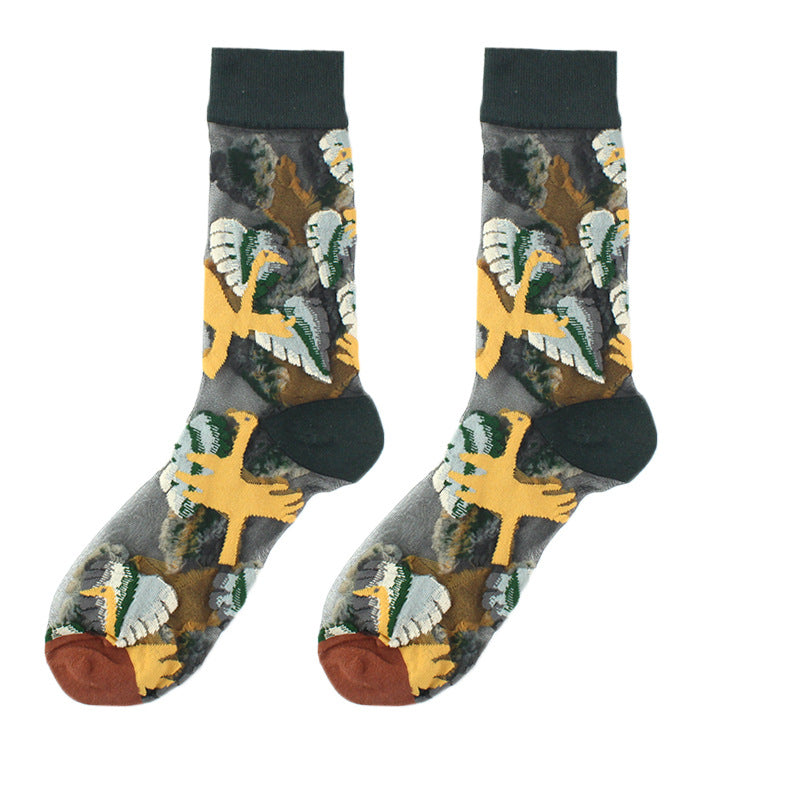 Thin Mid Tube Fashion Style Flower Forest Glass Stockings
