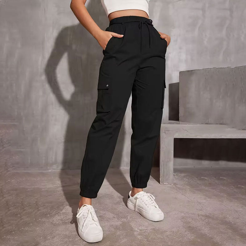 Polyester High Waist Wide Leg Sportsbukser med Ankelbindebånd