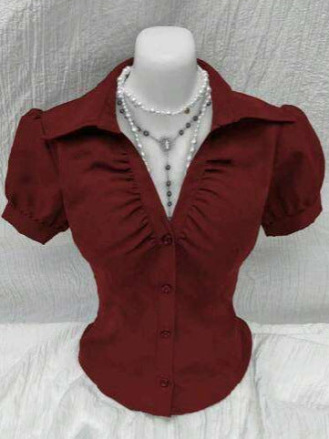 V-neck Pleated Sexy Women's Slim-fit Short-sleeved Shirt