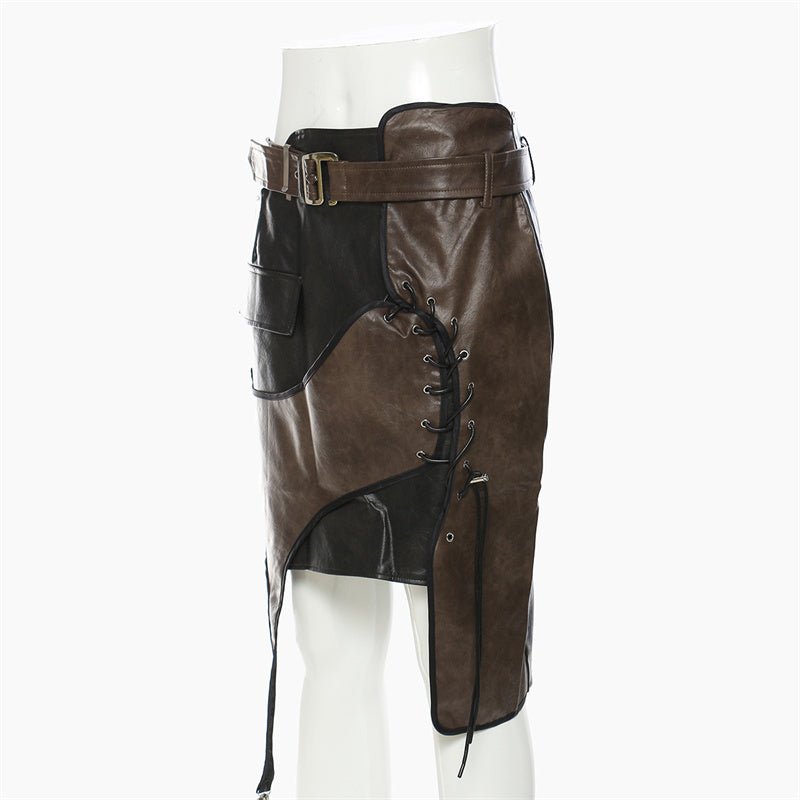Leather Coat With Rope Suit Skirt