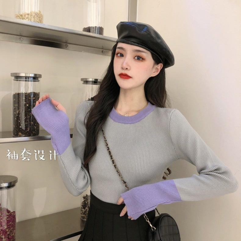 Women's Round-neck Sweater With Design Sense And Finger-loop Undershirt