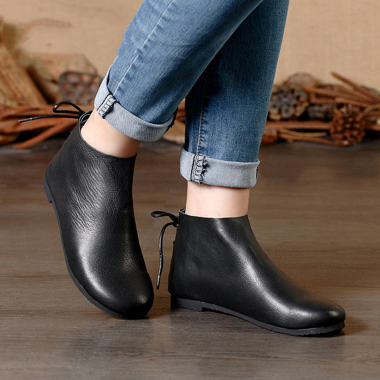 Handmade Leather Short Boots Women's Soft Leather Temperament Nude Boots Retro Flat-bottomed Plus Velvet Women's Boots