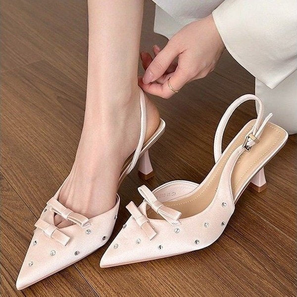 Spring-Summer New Closed Toe Slingback Heeled Sandals For Women, Stiletto Heel With Bowknot, Rhinestone Fashion High Heels, European & American Style