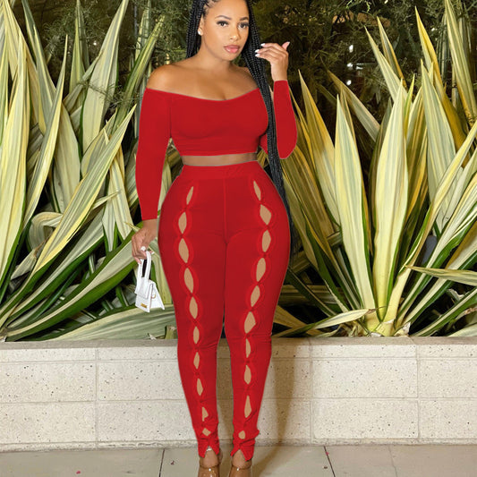 Solid Color One Line Shoulder Wispy Empty Crop Two-piece Set