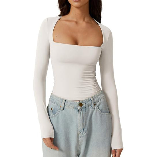 Women's Square Neck Autumn Top Long Sleeve Slim Fit Pullover Milk Silk T-shirt Elegant