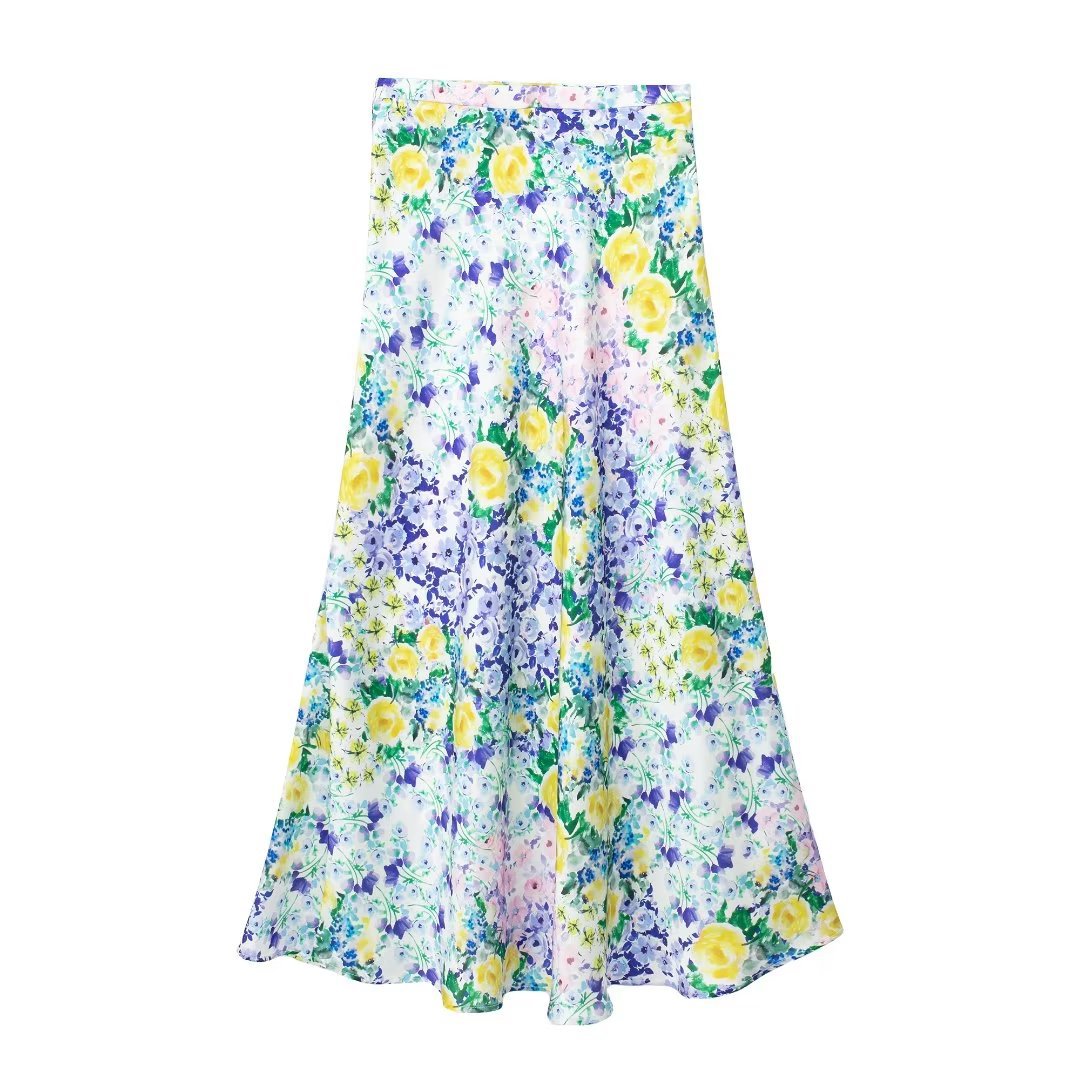 Flower Printed Silk Satin Texture Skirt