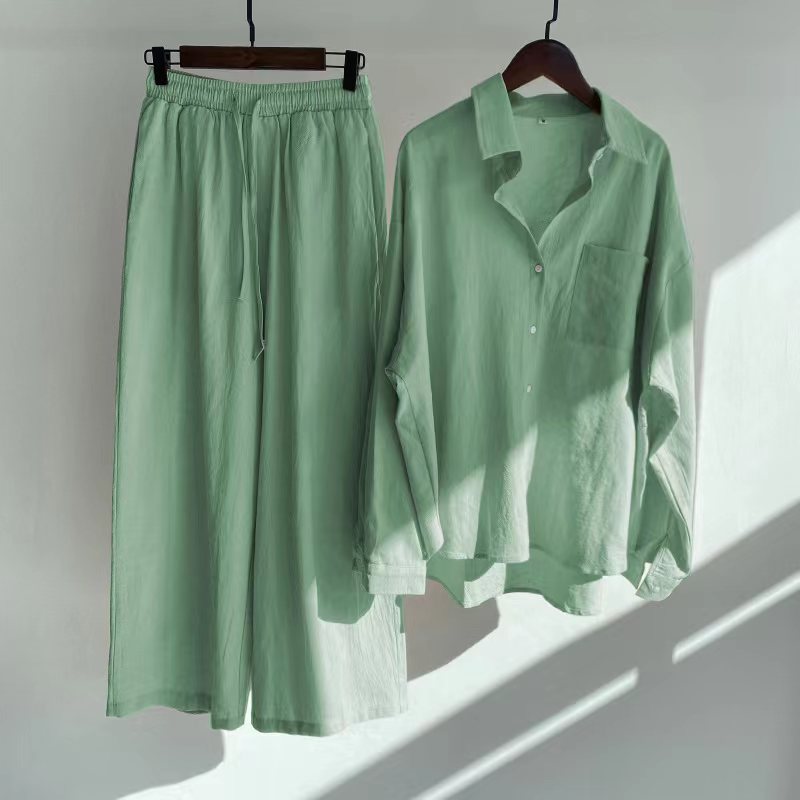 Women's 2-piece Retro Plus Size Shirt Outfit High Waist Loose Trousers