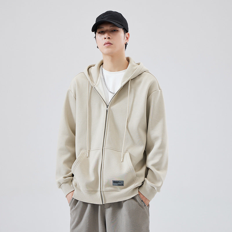 Efterårs- og vinterfleece lynlås sweater hættetrøje løs sports-casual cardigan til mænd