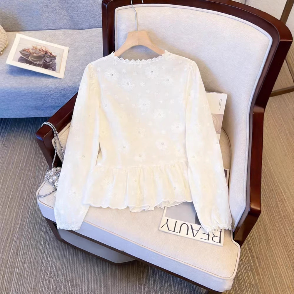 Korean-style Instagram-inspired Patchwork Lace Embroidered Long-Sleeve Womens Blouse