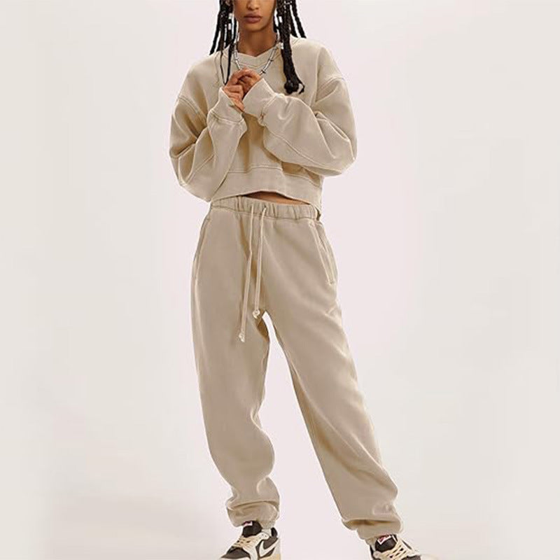 Women's V-neck Long-sleeved Midriff Outfit Sweatshirt Lace-up Sports Trousers