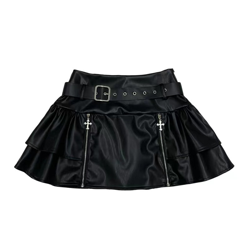 Dark Style Cross Lace-up Slimming Leather Skirt