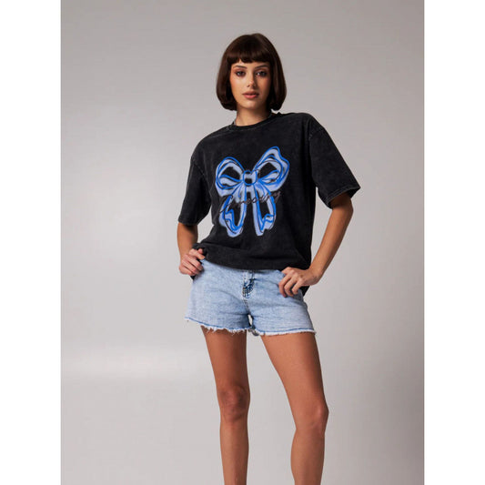 Bow Tie Vintage Washed Black Distressed Short Sleeves