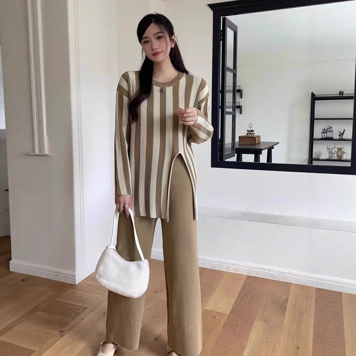 Vertical Stripes Crew Neck Split Knitwear Top High Waist Wide Leg Trousers Fashion Two-piece Suit