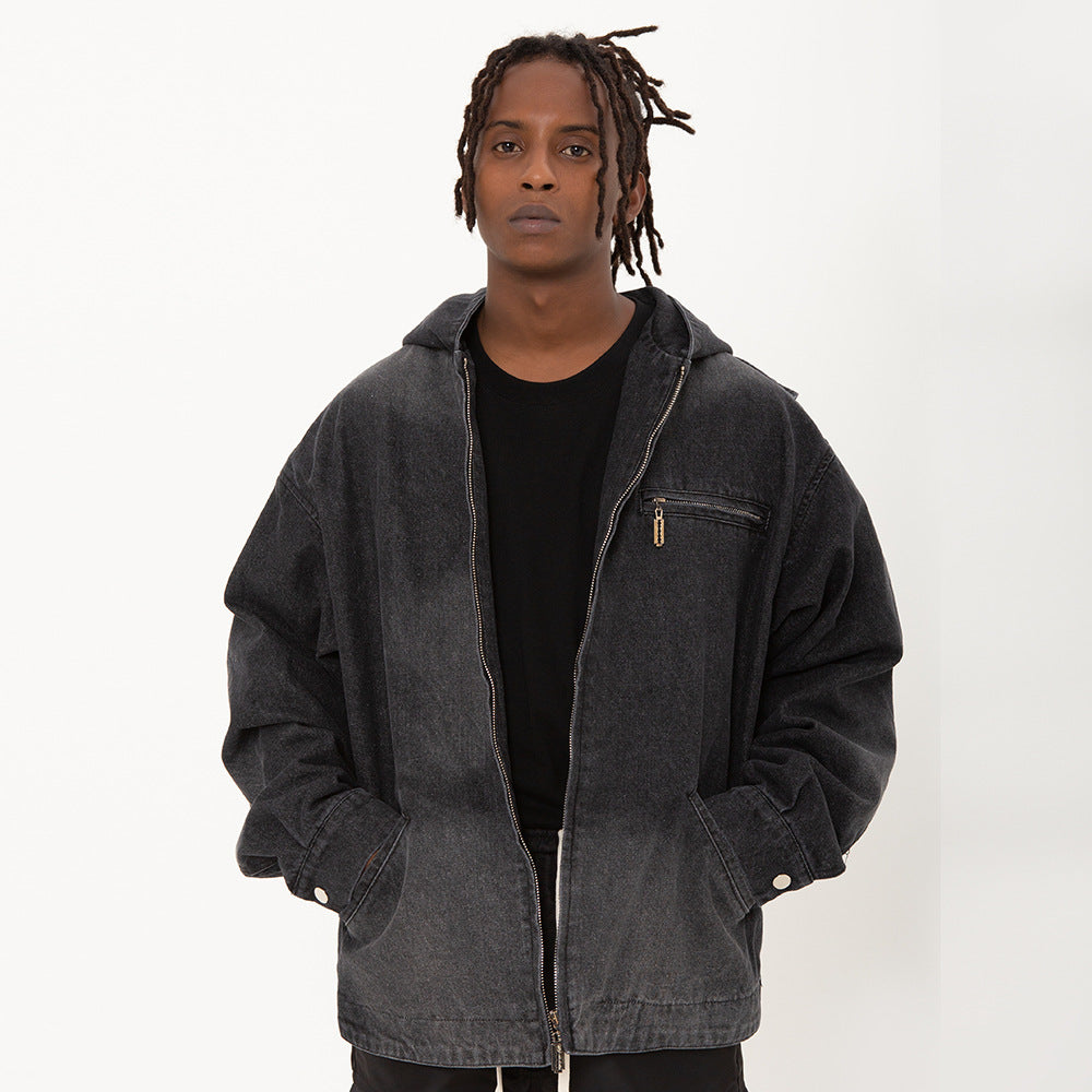Hooded Denim Men's Spring And Autumn High Street Fashion Design Pleated Sleeve Tooling Zipper Jacket