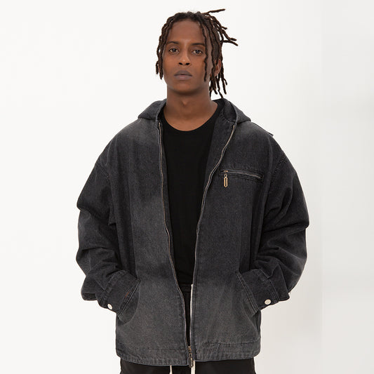 Hooded Denim Men's Spring And Autumn High Street Fashion Design Pleated Sleeve Tooling Zipper Jacket