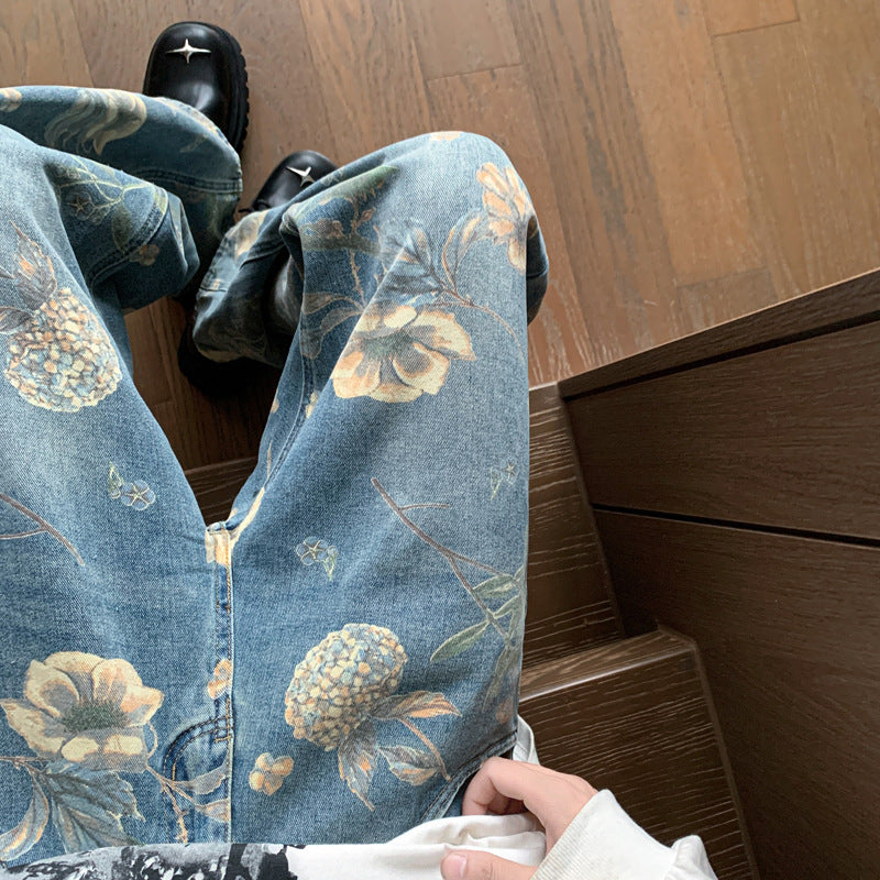 Men's Printed Floral Wide-leg Washed Jeans Mid-waist Straight Pants