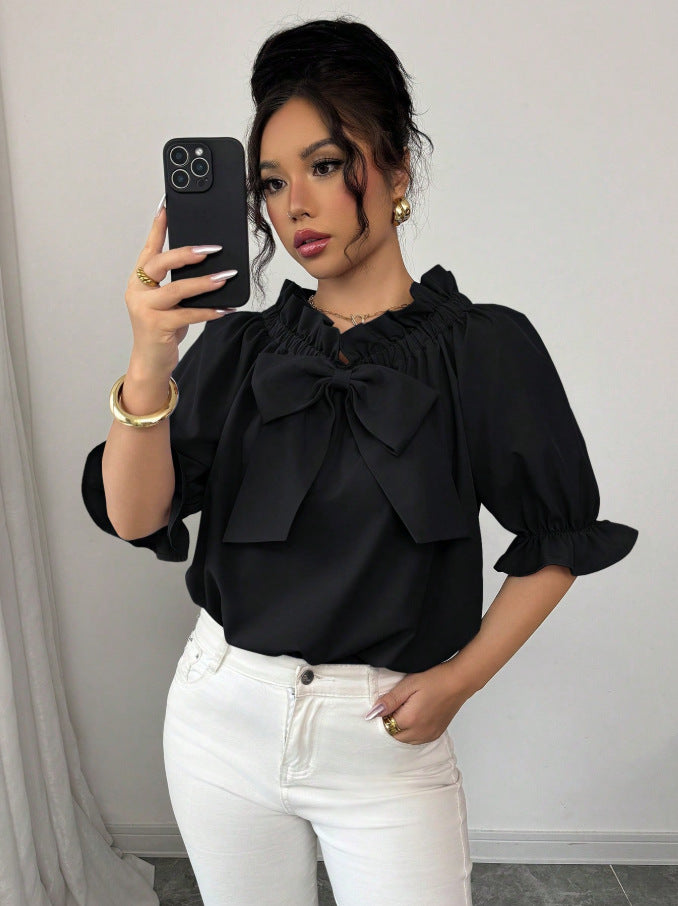 Womens Boat-neck Top With Ruffled Edges And A Bow Detail