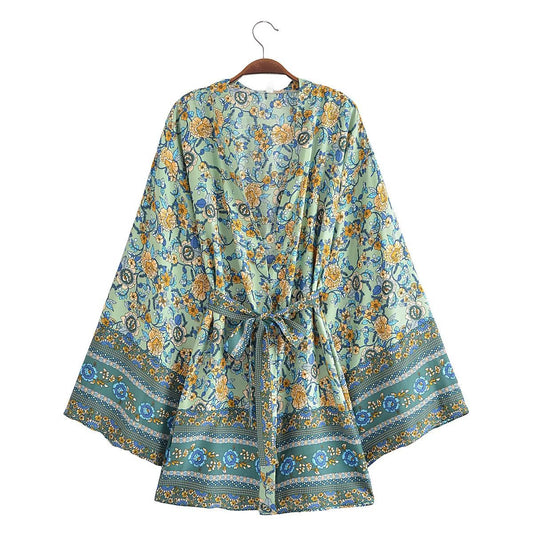 Rayon Bohemian Printed Belt Kimono Jacket Cardigan