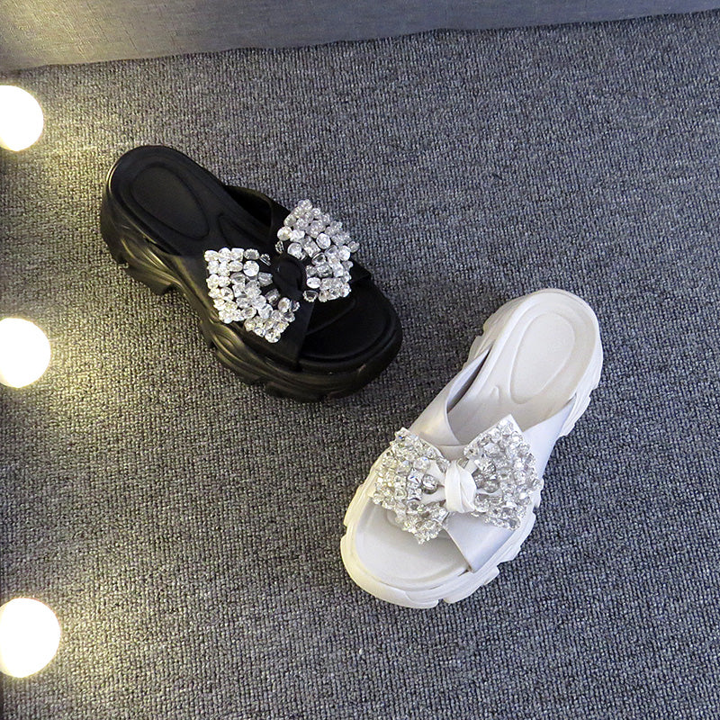 Women's Rhinestone Bow Platform Slip-on Sandals