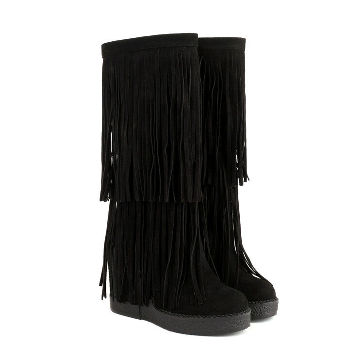 AutumnWinter Tassel Thick-Soled High-Heel Wedge Retro Fashion Womens Boots