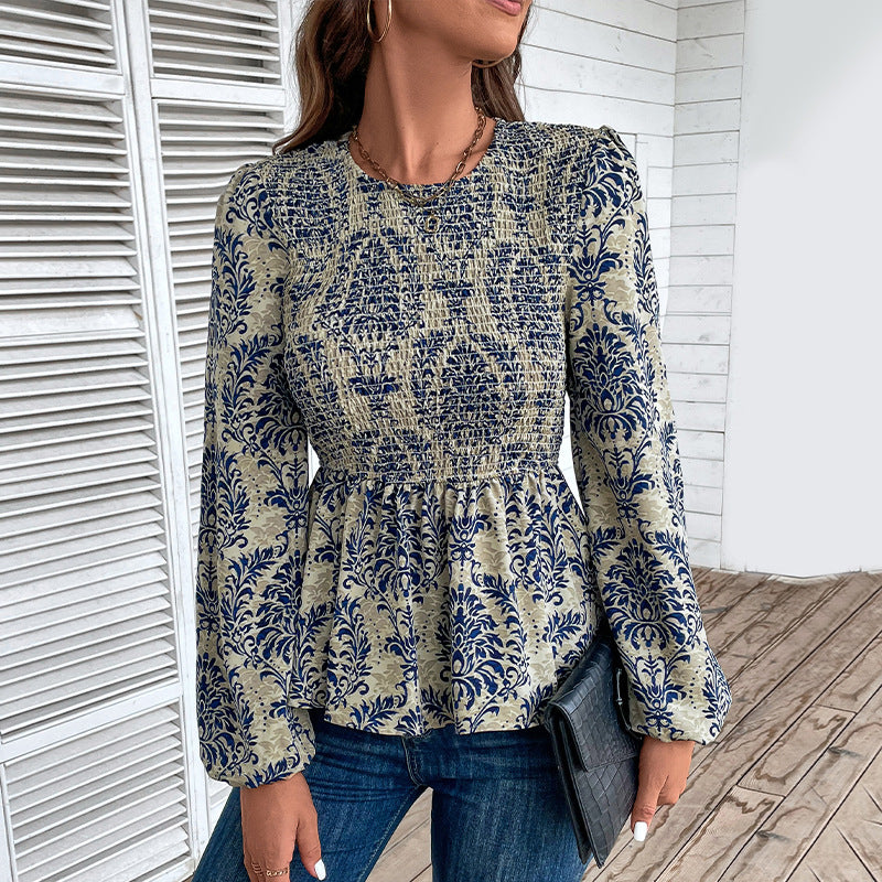 Dame Top Smock Detalje Slim Fit Rund Hals Lange Ærmer Printet