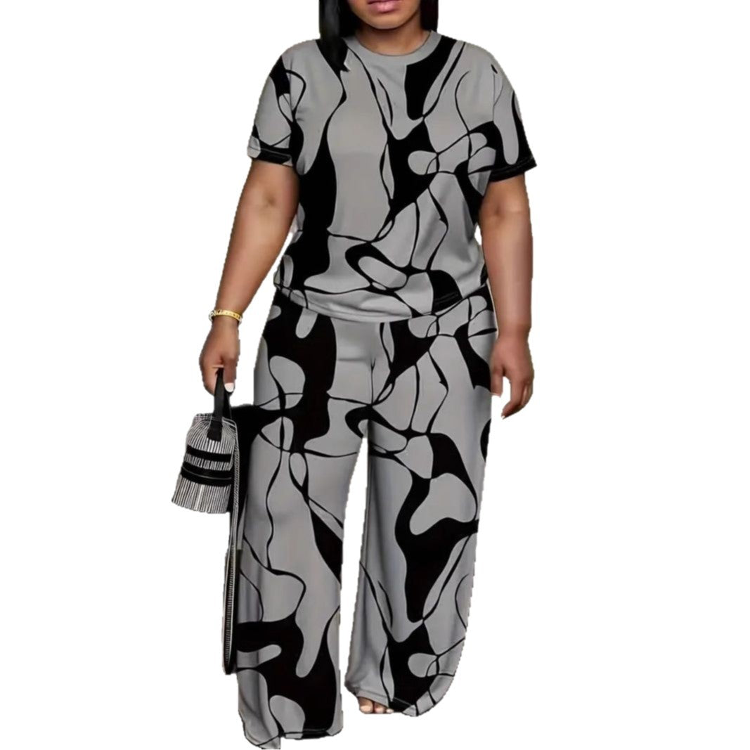 Plus-size Womens Black And Gray Printed Outfit Set
