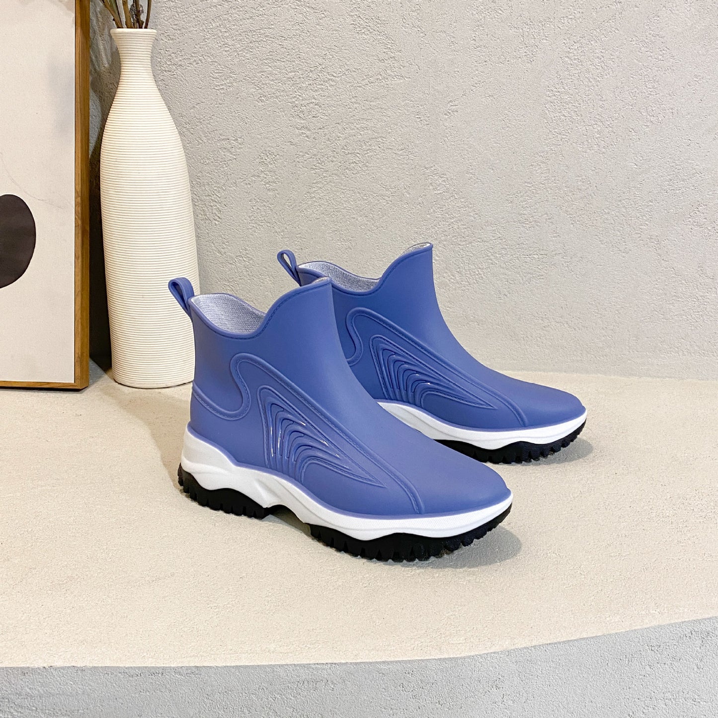 Fashion Color Blocking Thick Sole Low Top Women's Rain Boots
