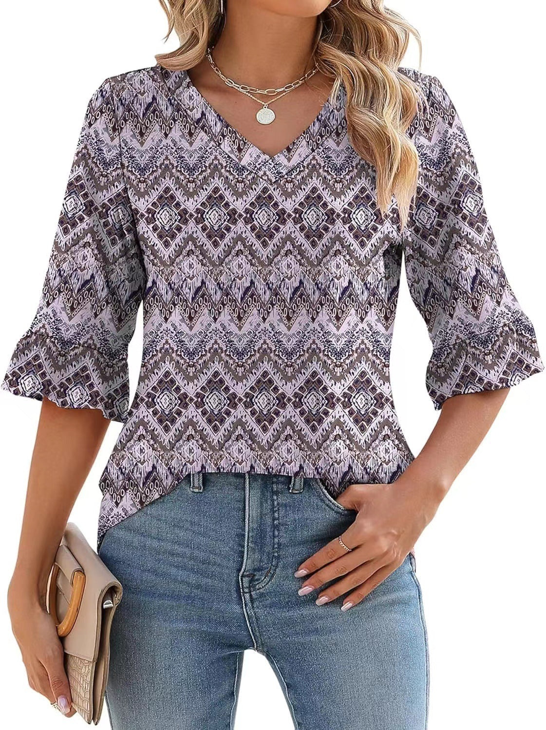 Women's Printed Hollow Ruffle Sleeve Casual Short-sleeved Top