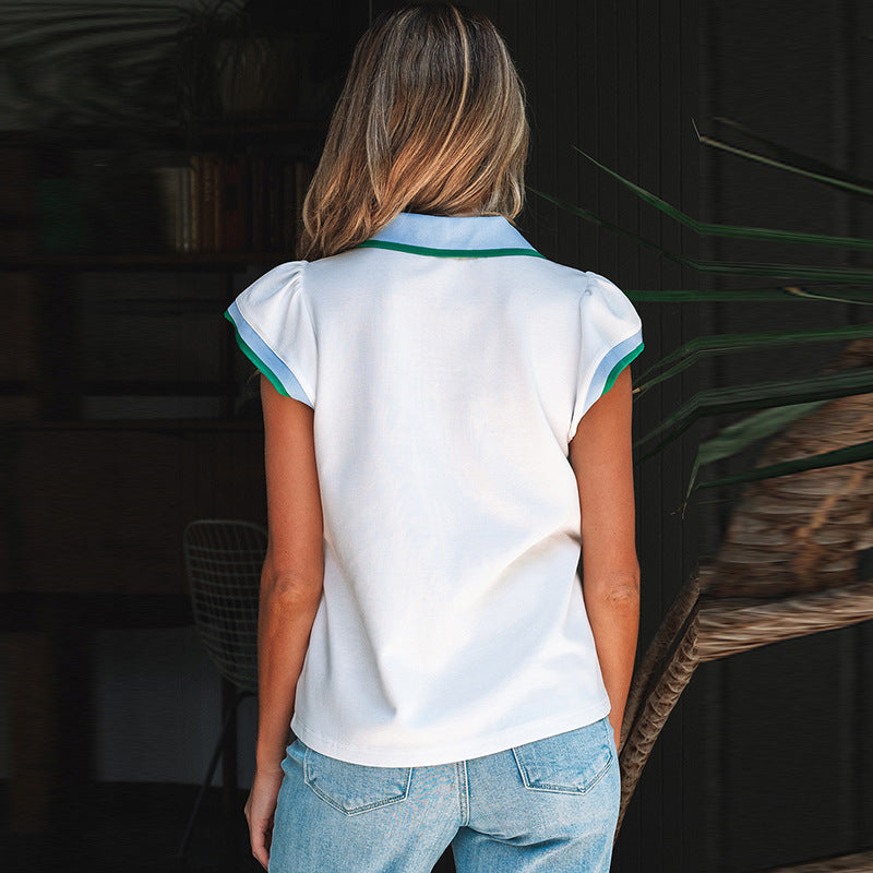 Color Stitching Turnover Neck Pullover