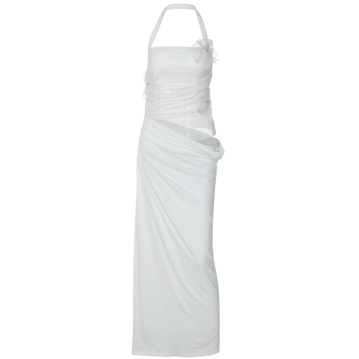 Stylish Patchwork 3D Floral Halter Bodycon Midriff-Baring Dress In A Sophisticated Edgy Chic Style For Women