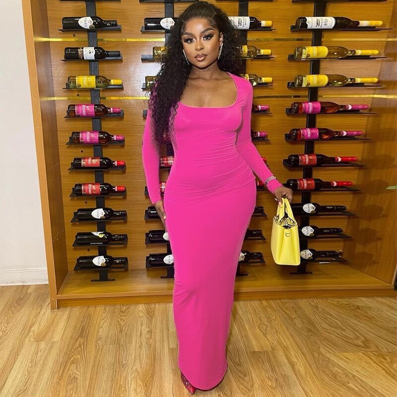 Womens U-Neck Bodycon Long-Sleeve Dress