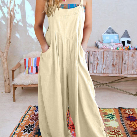 Women's Solid Color Loose Casual Cotton And Linen Suspender Jumpsuit
