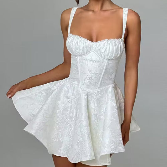 Summer Jacquard Lace Stitching Suspender Skirt White Dress