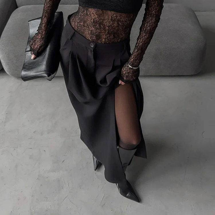 European And American Fashion Minimalist Split Pleated Temperament Suit Skirt