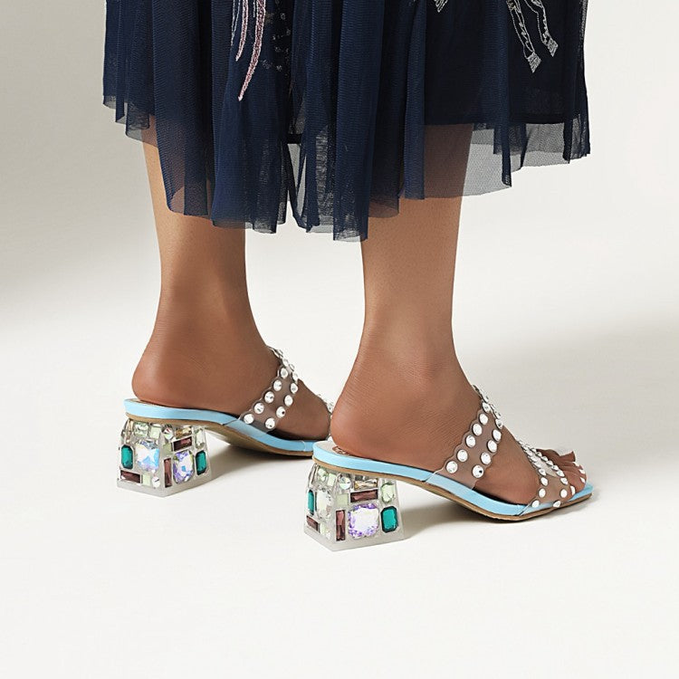 Stylish Studded Square Toe Chunky Heel Sandals