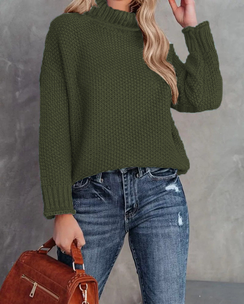 Women's High-neck Long-sleeve Rolled-edge Knit Sweater