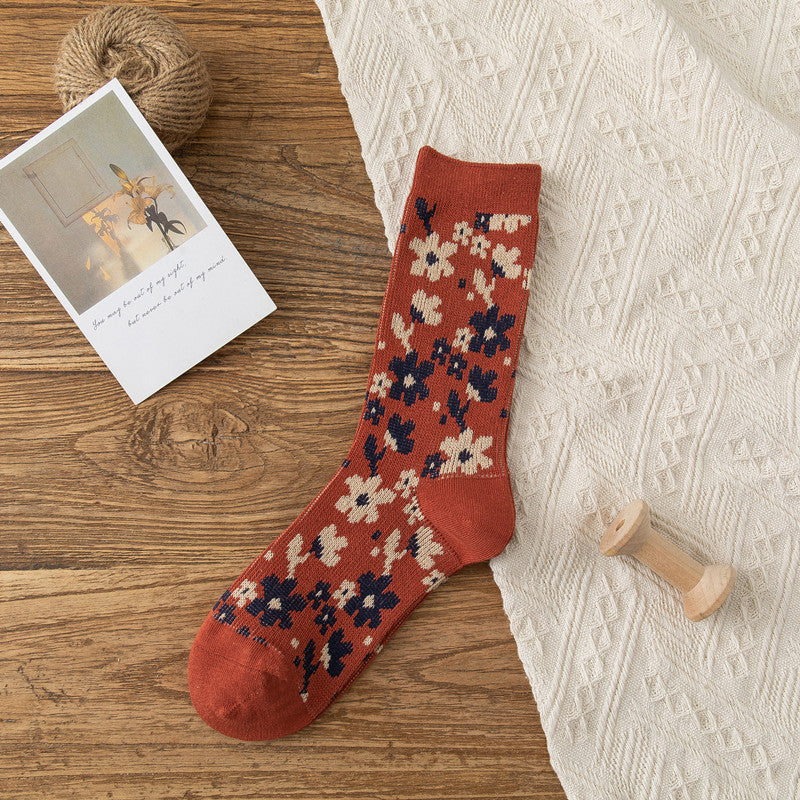 Retro-style Small Floral Ladies' Socks With High Tubes And Piles