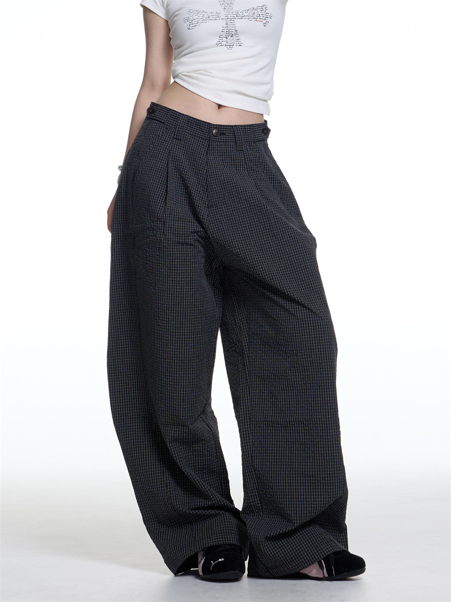 American Retro Plaid Lazy Wide Leg Machete Casual Pants For Women