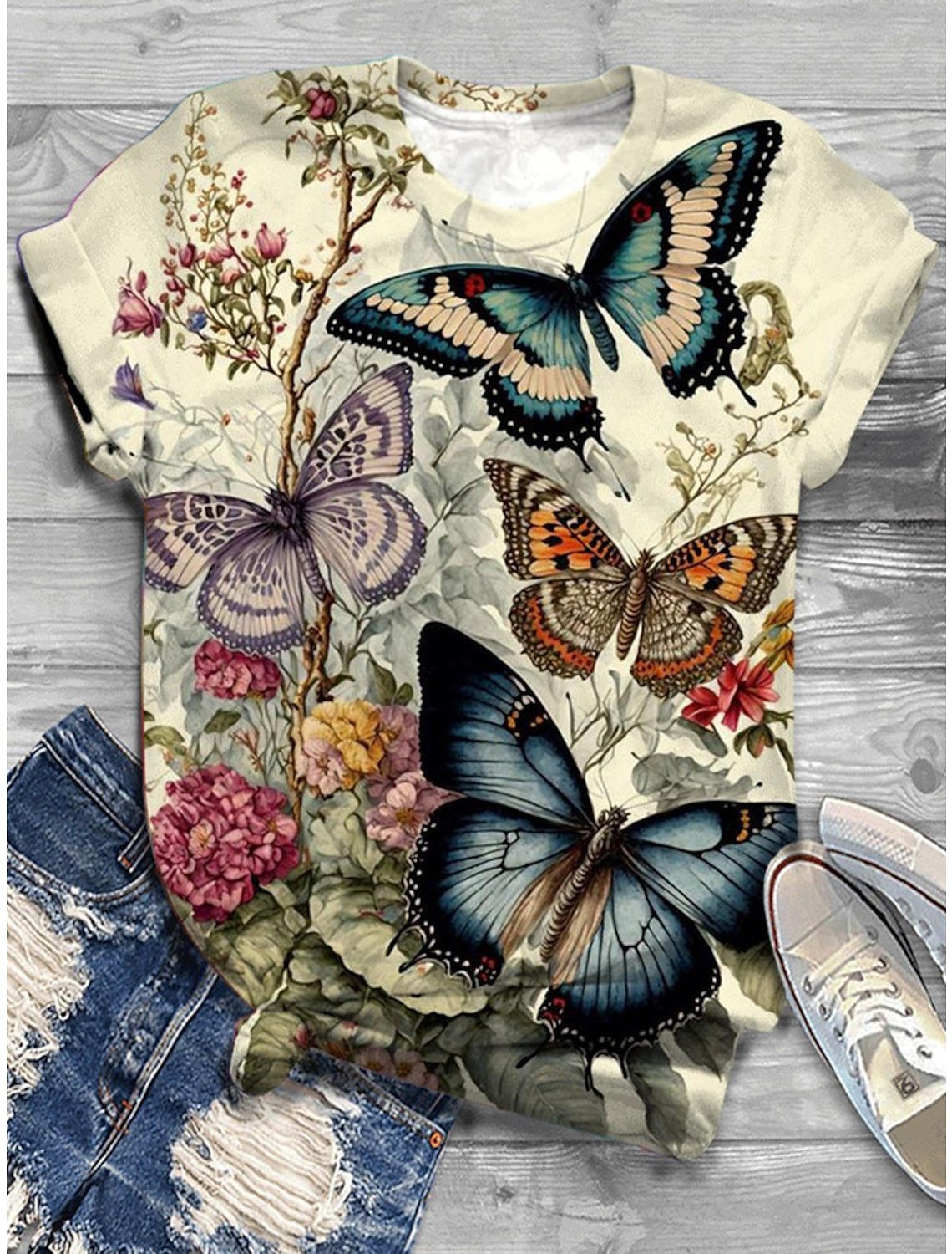 Women's T-shirt White Pink Blue Printed Short Sleeve