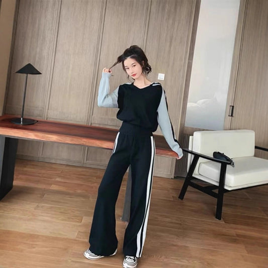 V-neck Hooded Sweater Loose Wide Leg Pants Anti-aging Casual Sports Suit
