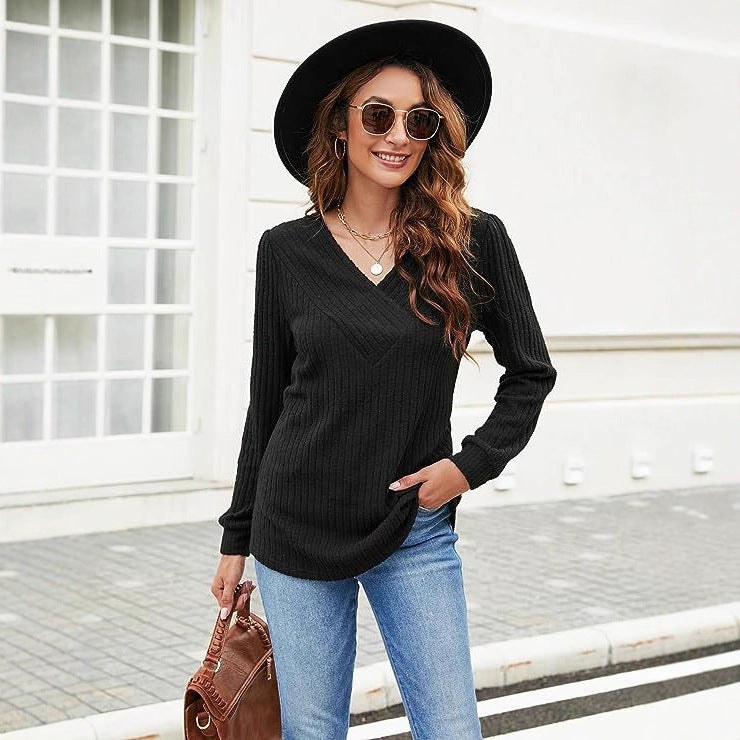 V-neck Casual Top Ribbed Pullover Hoodie For Women