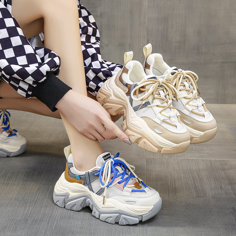 Leather Women's Thick Sole Single Mesh Breathable Casual Sneakers
