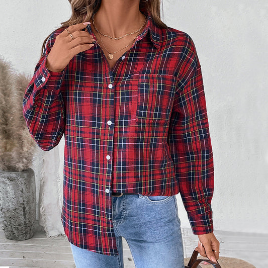 Coat Lapel Long Sleeve Plaid Shirt For Women
