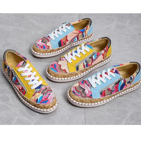 Patterned Side Zip Lace-Up Casual Flats Shoes